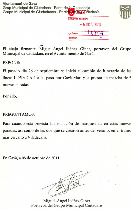Instancia presentada por C's de Gav solicitando al Ayuntamiento de Gav la instalacin de marquesinas en las 7 nuevas paradas de autobs de la avenida de Europa de Gav Mar (5 de Octubre de 2011)